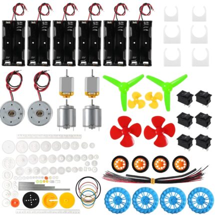 AEDIKO DC Motors Kit 6pcs Mini Electric Hobby Motor with Plastic Gears, Shaft Propeller, Plastic Wheels, Battery Holder for DIY Engineering Toy Science Project